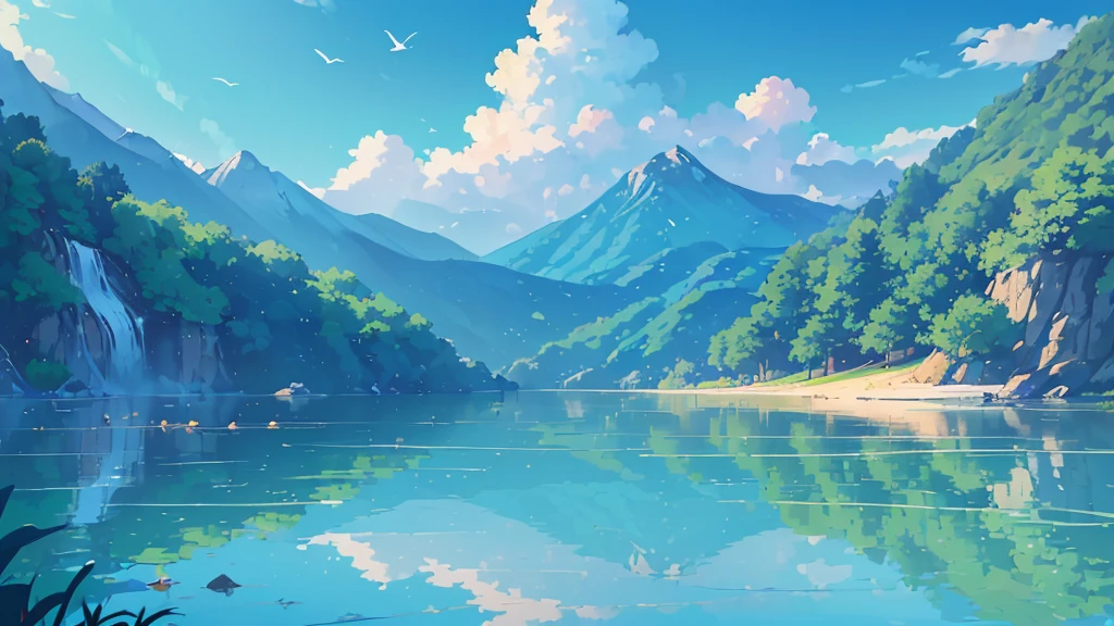 ((best quality,4K,8K,high resolution,masterpiece:1.2),Extremely detailed,(Practical,photoPractical,photo-Practical:1.37),Chinese style（Chinese style插画）Blue sky,White Cloud,birds in the distance,Sea,Great prospects,Vision,landscape,Waves,peaceful,peaceful,fresh air,peaceful的气氛,Endless Horizon,Vibrant colors,sky reflection on Sea surface,Lush greenery,The trees swayed,trunk,Mountains in the background,Magnificent beauty of nature,Land and sea,relaxing environment, Background only, Only the view,