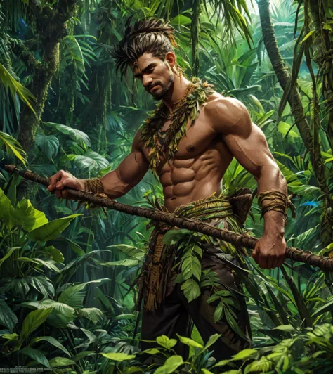 (((Solo character image.))) (((Generate a single character image.))) Create a striking portrayal of a male jungle tribal warrior...