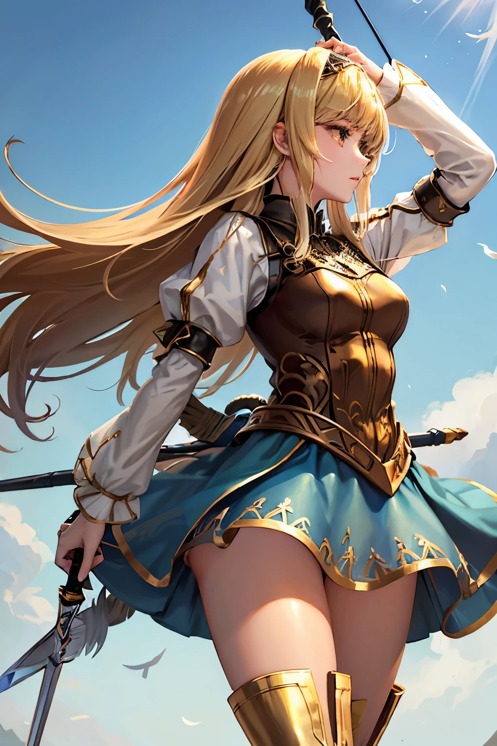 （（（ＳＦＷ、sound、Highest quality、first-clasasterpiece、Normal body、8K、Detailed face、Ultra-precision、Normal hand、Normal finger、５Finger、Highest）））、beautiful girl、Golden blonde;1.4、slender、low length、Thin legs、Alisha、Valkyrie Profile、princess、Rapier、Fleeting、Deep woods、profile、Rapier、attack、The skirt is blown up by the wind、Panty shot