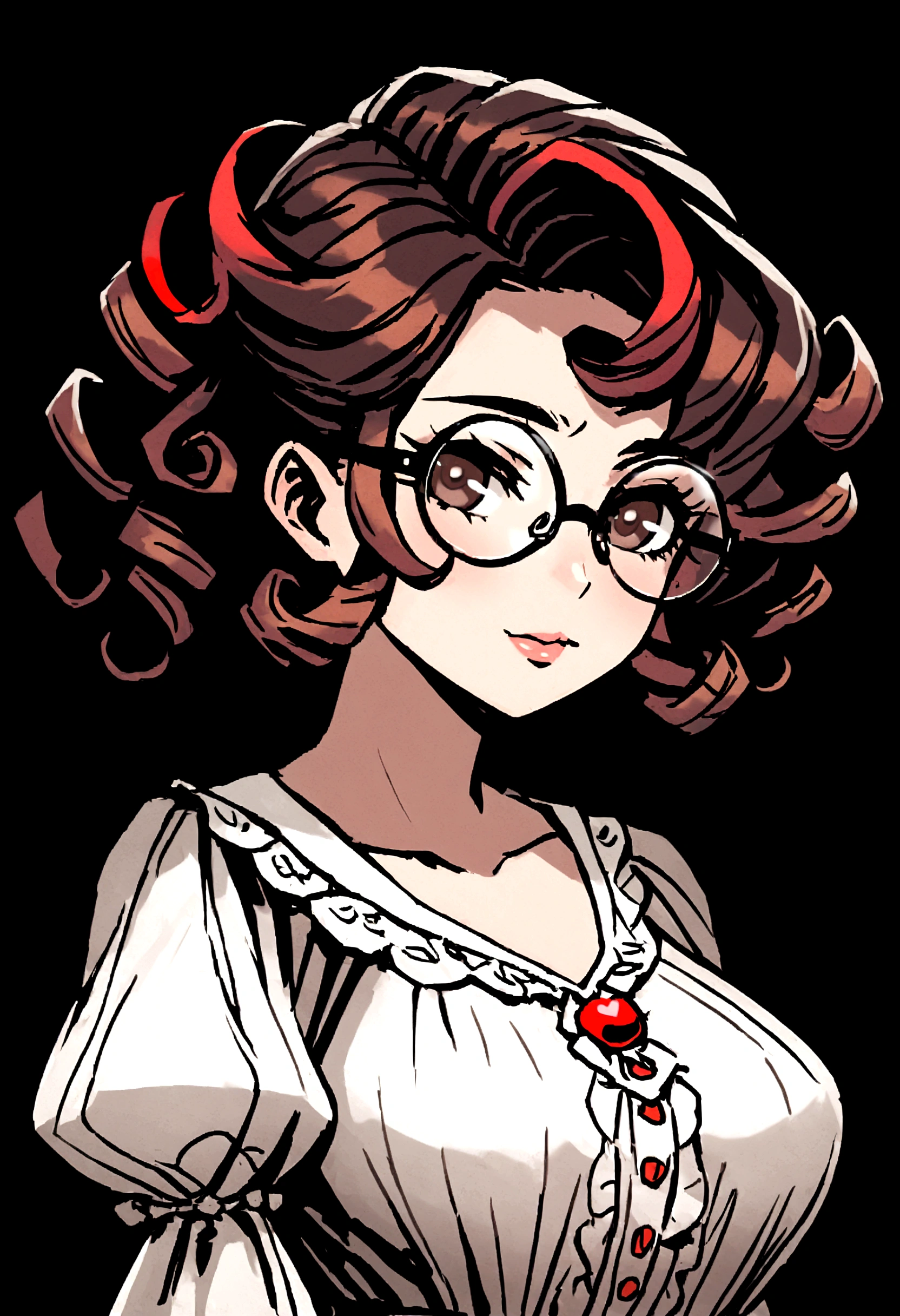 8K, ultra hd, masterpiece, (detailed), 1girl, (good face:1.4), hairstyle (color: red, length: short, curly with flowing small ringlets), face (heart-shaped, pale, dark brown eyes), glasses (wears thick-rimmed, old-fashioned glasses), background is white, just drawn face