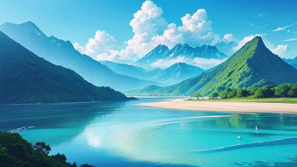 ((best quality,4K,8K,high resolution,masterpiece:1.2),Extremely detailed,(Practical,photoPractical,photo-Practical:1.37),Chinese style（Chinese style插画）Blue sky,White Cloud,birds in the distance,Sea,Great prospects,Vision,landscape,Waves,peaceful,peaceful,fresh air,peaceful的气氛,Endless Horizon,Vibrant colors,sky reflection on Sea surface,Lush greenery,The trees swayed,trunk,Mountains in the background,Magnificent beauty of nature,Land and sea,relaxing environment, Background only, Only the view,