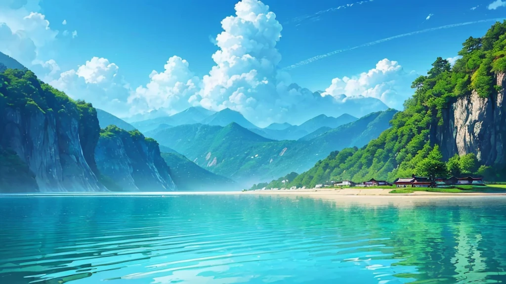 ((best quality,4K,8K,high resolution,masterpiece:1.2),Extremely detailed,(Practical,photoPractical,photo-Practical:1.37),Chinese style（Chinese style插画）Blue sky,White Cloud,birds in the distance,Sea,Great prospects,Vision,landscape,Waves,peaceful,peaceful,fresh air,peaceful的气氛,Endless Horizon,Vibrant colors,sky reflection on Sea surface,Lush greenery,The trees swayed,trunk,Mountains in the background,Magnificent beauty of nature,Land and sea,relaxing environment, Background only, Only the view,