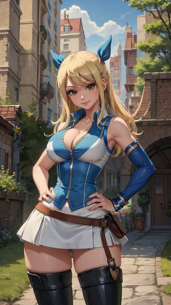 cleavage,(masterpiece, best quality:1.2), solo, 1girl, lucy heartfilia, smile, looking ta viewer, hands on hips, blue sleeveless, miniskirt, thigh boots