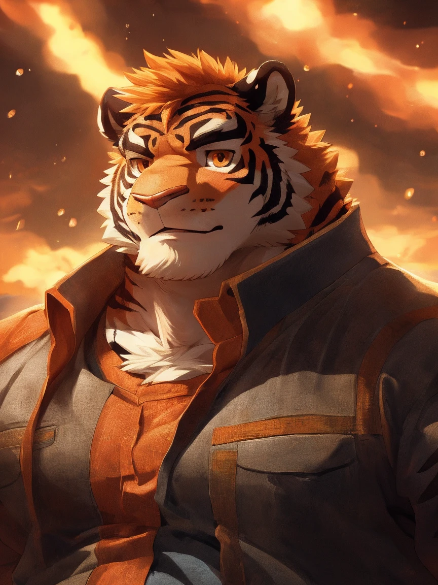 human nature, Wildlife, male,36 years old，Uncle， solitary, ((Round Face, The face is plump,Orange eyes,Thick orange hair，With scars)), ((Endomorph, Handsome，Hot Blood)), (Sportswear，Clothes Damaged), ((domestic tiger, tiger，) Fluffy fur, Fluffy), Bokeh, (high quality, high resolution, masterpiece), (Dynamic Lighting, Vibrant colors), (Revitalize，harm，Disdain), Full body picture (close up), cartoon, author：Takemoto Arashi, From zixiong, By Chunni, author：Empty Ghost，（background：Rainy forest）