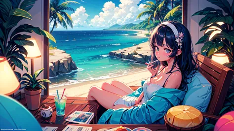 there is a woman sitting on a towel sipping a coconut drink, in the style of digital illustration, stylized digital illustration...