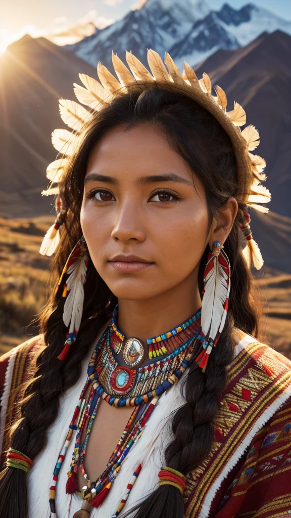 Highly detailed portrait of a very beautiful native american woman, evening sunshine, traditional dress, high resolution, hdr, close-up, andes mountain background,  