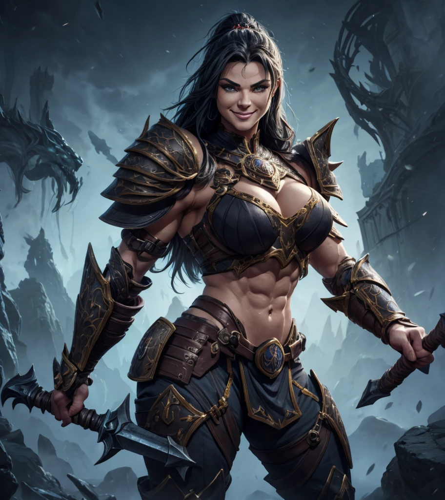 (((Imagem de personagem solo.))) (((Gere uma imagem de caractere único.))) Gere um personagem para um RPG de fantasia. Parece um feroz, sexy feminino medieval fantasia gladiador.  Parece muito imponente e sinistro.  Parece um assassino frio como pedra.  Looks like a poderoso, muscular female gladiator for Masmorras & Dragões.  Parece feroz, perigoso and deadly.   Um retrato de um único personagem, arte de fantasia, Traje de Fantasia, Atraente, muito sexy, muscular, poderoso body, músculos detalhados, jovem, mulher de 20 e poucos anos, (((Intenso, olhar sério))), voluptuoso, mulher guerreira, poderoso, perigoso, (((sorriso desprezível))), (((armadura sexy))), armadura reveladora, rosto lindo, boca sexy, Masmorras & Dragões character portrait, Detalhes intrincados, ultra detalhado, mãos extremamente detalhadas, ultra detalhado clothes, pose de combate pronto, ultra detalhado hands, obra-prima épica, ultra detalhado, Detalhes intrincados, mãos hiperdetalhadas,  premiado, arte de fantasia concept masterpiece, tendências no ArtStation, arte digital, motor irreal, 8K, ultra HD, Imagem centralizada
