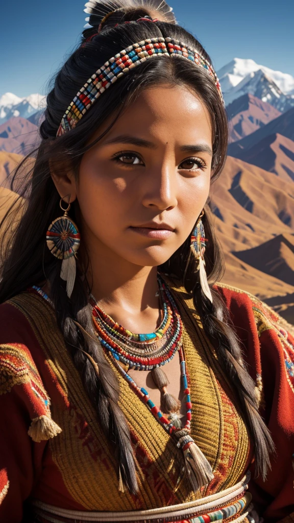 Highly detailed portrait of a very beautiful native american woman, evening sunshine, traditional dress, high resolution, hdr, close-up, andes mountain background,  