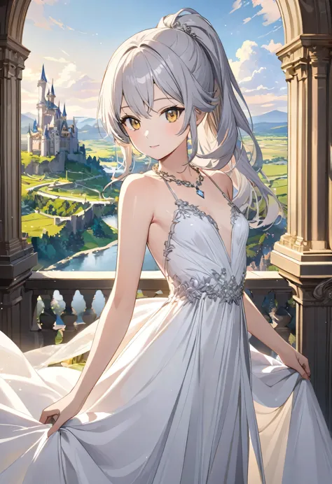 1girl, ponytail , fair skin, silver hair, golden eyes, (elegant  white dress:1.3), (small breasts:1.4), collarbone, petite figur...