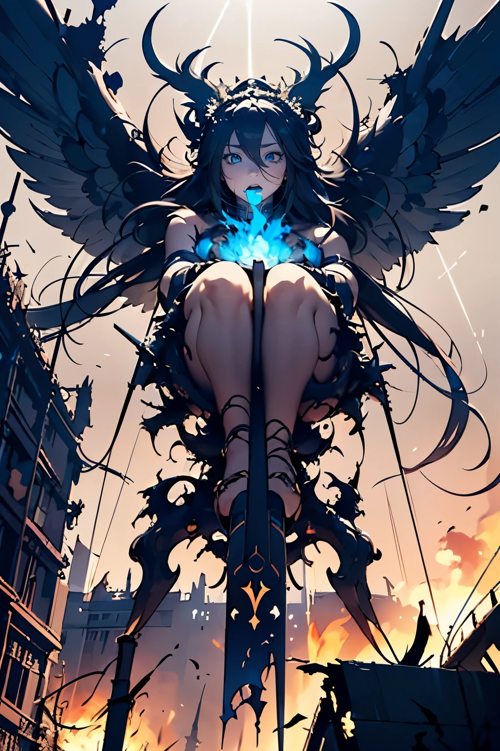 destroyed city, (100 meter tall huge goddess floating, emits light from all over the body, lost pupils, last judgment, blue flame), weapon, aerial angle from below,