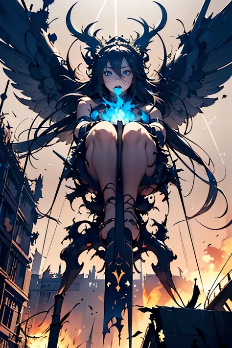 destroyed city, (100 meter tall huge goddess floating, emits light from all over the body, lost pupils, last judgment, blue flam...