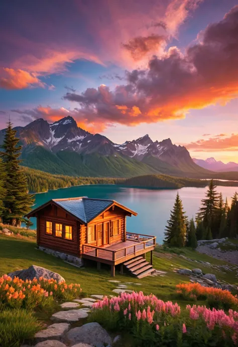 a cozy wooden cabin, perched on a hillside overlooking a serene lake, is bathed in the warm glow of a breathtaking sunset. the s...