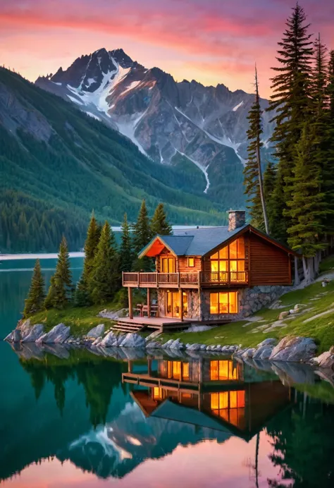 a cozy wooden cabin, perched on a hillside overlooking a serene lake, is bathed in the warm glow of a breathtaking sunset. the s...