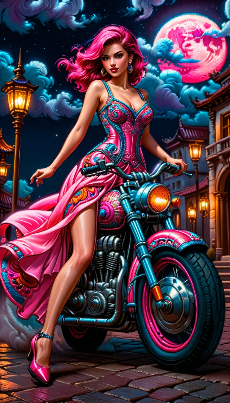 複雑な (傑作刺繍: 1.3) picture of an exquisite 女性 standing near her legendary vintage (ピンクのオートバイ: 1.3), 魅力的な美しさ, 女性, ミディアムヘアカット, ダイナミックカラーヘア, 強い視線, eleg複雑な dress, ダイナミックカラードレス, 彼女の壮大なヴィンテージの近くに立って  (ピンクのオートバイ: 1.3), 夜です, 月の光, 雲が少しある, 背景には宮殿への松明の灯りの入り口があります, ral刺繍パッチ, 最高の詳細, 最高品質, 16K, [超詳細], 傑作, 最高品質, (非常に詳細な), ダイナミックアングル, 全身ショット,