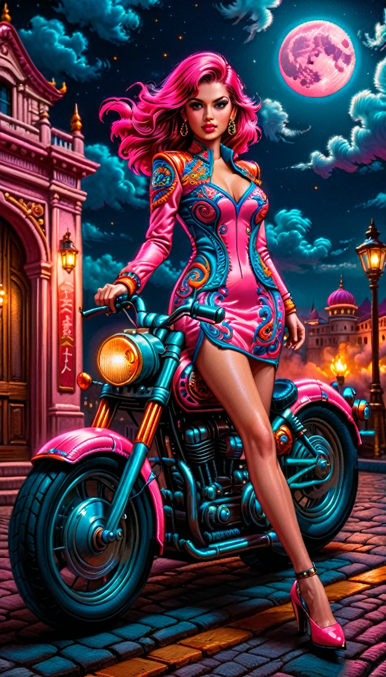 an intricate (masterwork embroidery: 1.3) picture of an exquisite woman standing near her legendary vintage (pink motorcycle: 1.3), a glam beautiful, woman, medium hair cut, dynamic color hair, intense gaze, elegan intricate dress, dynamic color dress, standing near her epic vintage  (pink motorcycle: 1.3), it is night time, moon light, some clouds, there is an entrance to torch lit entrance to a palace in the background, ral-embroideredpatch, best details, best quality, 16k, [ultra detailed], masterpiece, best quality, (extremely detailed), dynamic angle, full body shot,