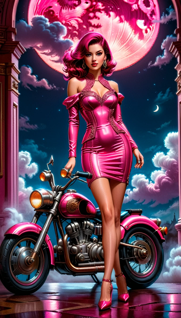 an intricate  picture of an exquisite woman standing near her legendary vintage (pink motorcycle: 1.3), a glam beautiful, woman, medium hair cut, dynamic color hair, intense gaze, elegant intricate dress, burgundy red dress, standing near her epic vintage  (pink motorcycle: 1.3), it is night time, moon light, some clouds, there is an entrance to torch lit entrance to a palace in the background, ral-embroideredpatch, best details, best quality, 16k, [ultra detailed], masterpiece, best quality, (extremely detailed), dynamic angle, full body shot,