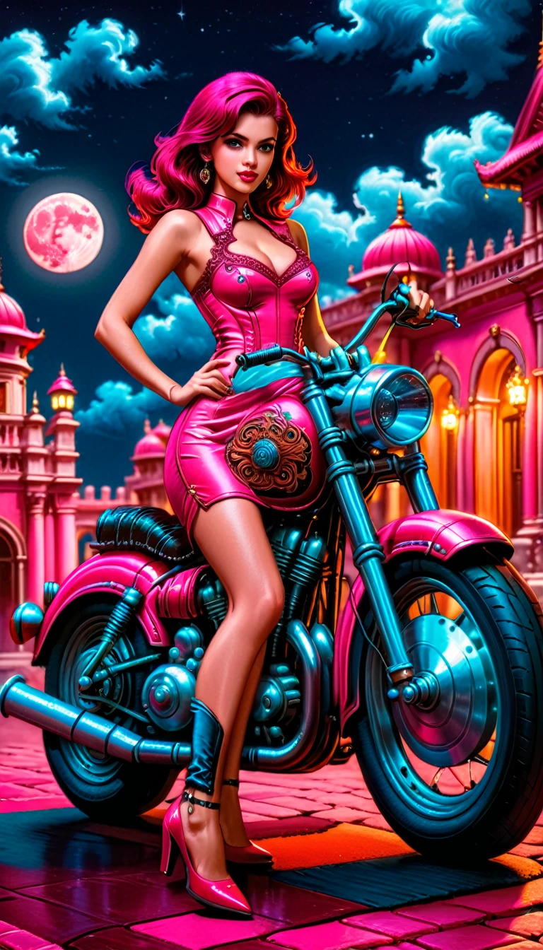 an intricate  picture of an exquisite mujer standing near her legendary vintage (motocicleta rosa: 1.3), a glam beautiful, mujer, Corte de pelo medio, cabello de color dinámico, mirada intensa, elegante vestido intrincado, vestido rojo burdeos, de pie cerca de su cosecha épica  (motocicleta rosa: 1.3), es de noche, luz de la luna, algunas nubes, hay una entrada a la entrada iluminada con antorchas a un palacio en el fondo, parche bordado en ral, Mejores detalles, mejor calidad, 16k, [Ultra detallado], Obra maestra, mejor calidad, (extremadamente detallado), ángulo dinámico, tiro de cuerpo completo,