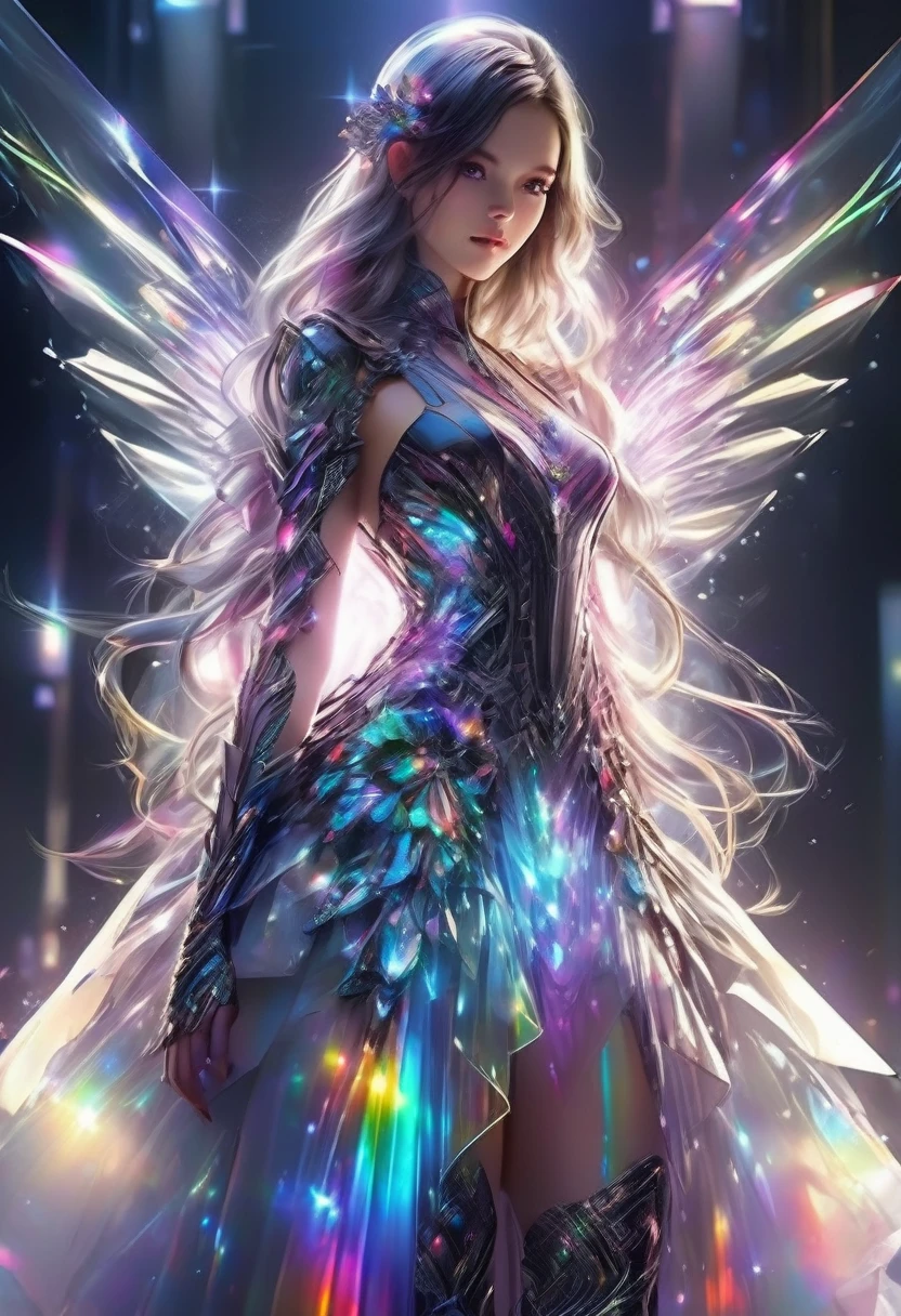 Masterpiece quality Intricate details, beautiful, fragile, young woman, high-tech biological climbing weapon, state-of-the-art technology. The dress bares shoulders and is sparse in some areas. Gothic style transparent dress mixed with futuristic fairy dress. Mysterious and mysterious background Reflects the rainbow in 7 colors A beautiful sword emitting a brilliant light, a Royal Jewel armor. 