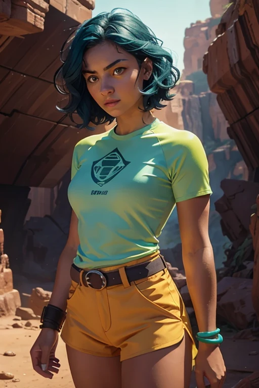 brilliant shot: 1.3), realistic epic, yellow eyes, mugger girl, (A girl), light gray non-transparent short sleeve top, transparent fabric at the waist, wavy hair 1.4, (dark blue hair), short hair, dark blue and orange color combination, (light green shorts), Aesthetics of wastelands and canyons.!!! n ruins, soft cinematic light, Adobe Lightroom, dark room, HDR, complexity, green bracelets on arms, straps from red thrings over transparent fabric at the waist, thong under shorts