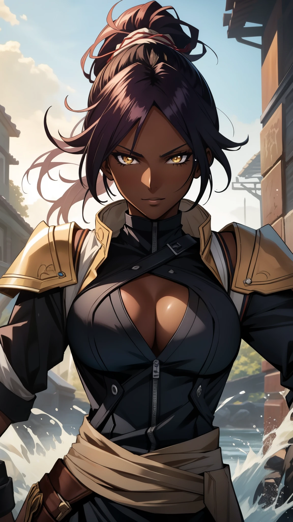 cleavage,(masterpiece, best quality),  intricate details, 8k, artstation, wallpaper, official art, splash art, sharp focus,
1girl,  solo, shihouin yoruichi, (dark skin, dark-skinned female:1.2), ponytail,