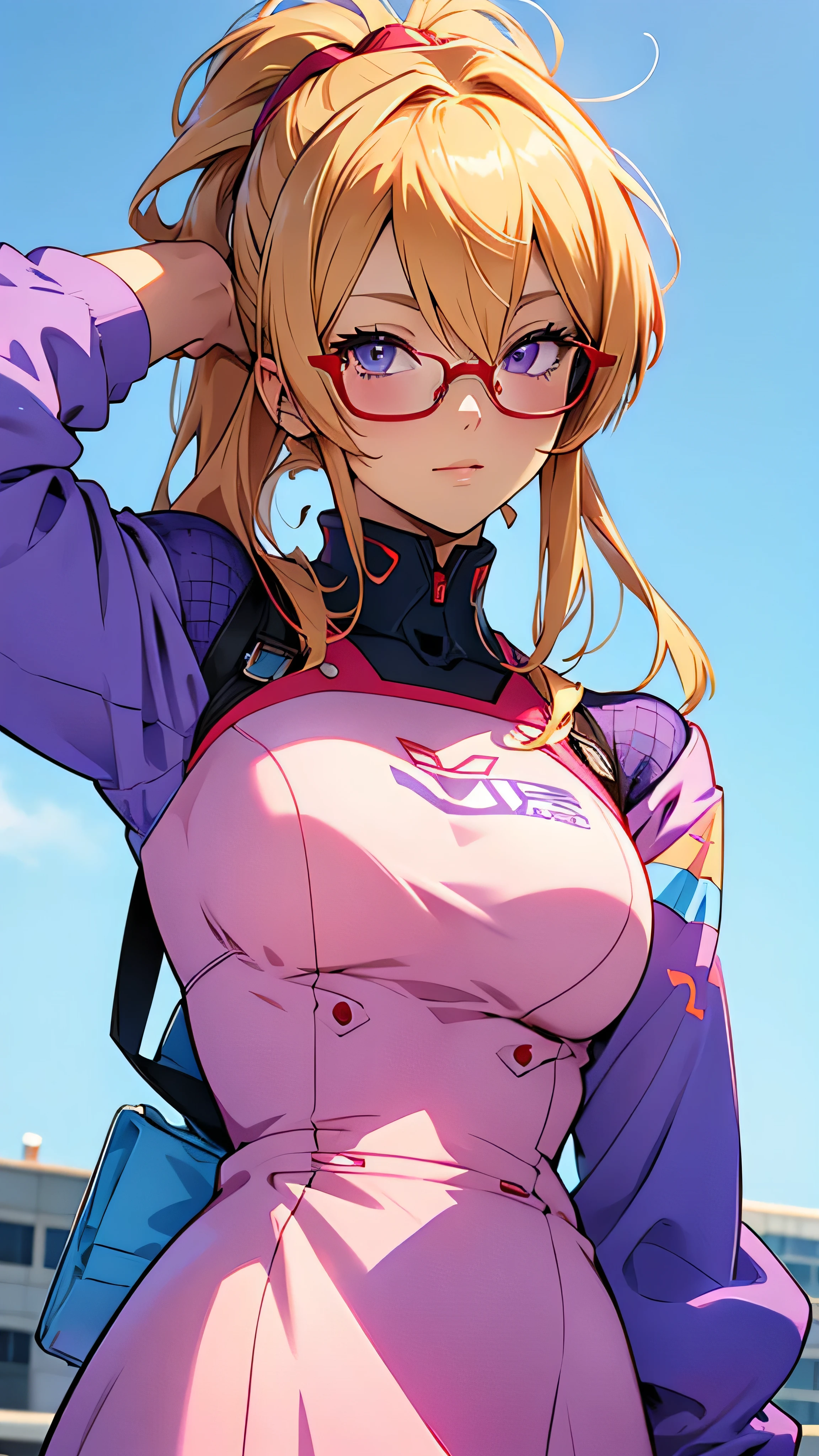 anime,An illustration,purple robot,Mobile Suit,Dom,Light blue check dress,Red glasses,Blonde,Light blue mesh hair,beautiful girl,Sora Sakurano,One person