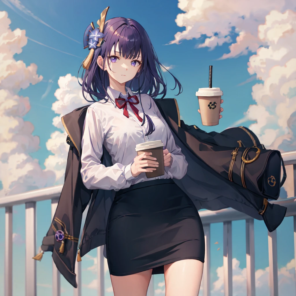 raiden shogun, cowboy shot, collared shirt, railing, hair flower, holding cup, coat on shoulders, looking at viewer, long hair, purple hair, mole, closed mouth, black jacket, cloud, black skirt, coffee cup, sky, skirt, hair ornament,  jacket, long sleeves, solo, white shirt, purple eyes, shirt, pencil skirt, mole under eye, office lady, outdoors, 1girl, jacket on shoulders, standing