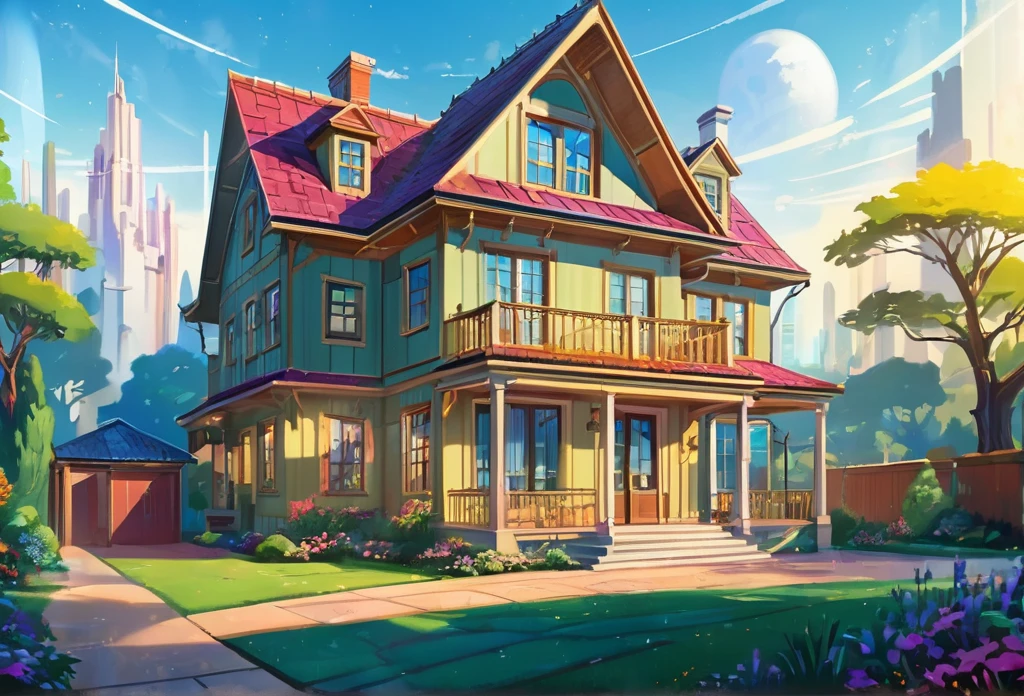 ein Haus, groß, raum, modern, auf einem Anwesen, andere Gebäude in der Umgebung (Meisterwerk beste Qualität:1.2) zarte Illustration ultra-detailliert,  (Disney-bezogene Veranstaltung) detaillierter Hintergrund, Illustrationen, Hell, bunt, 