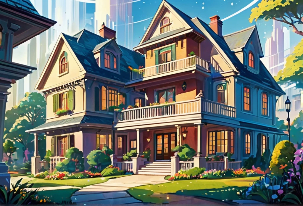 ein Haus, groß, raum, modern, auf einem Anwesen, andere Gebäude in der Umgebung (Meisterwerk beste Qualität:1.2) zarte Illustration ultra-detailliert,  (Disney-bezogene Veranstaltung) detaillierter Hintergrund, Illustrationen, Hell, bunt, 