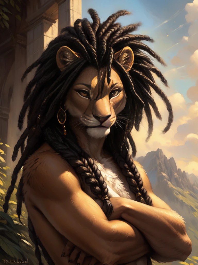 by kenket, by personalami, by hibbary, by totesfleisch8, by red-izak, by himeragoldtail, by darkgem, by thebigslick, by twinkle-sez, realistic, hyper realistic, a female anthro furry lion girl, black dreadlock hair, braided black dreadlock hair, black hands and feet, brown eyes, 