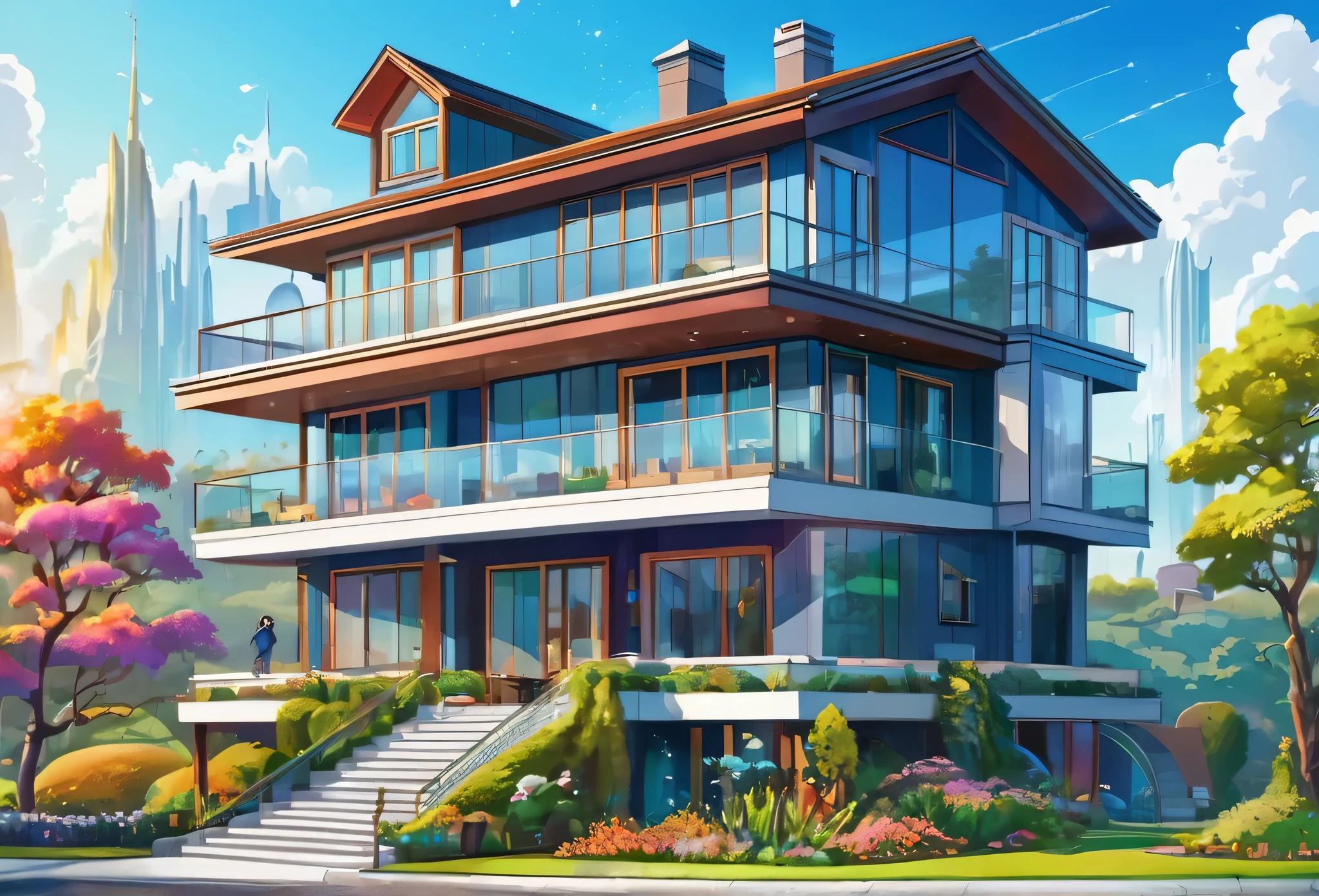 A house, big, spaceus, modern, in an estate, other buildings in the environment (masterpiece best quality:1.2) delicate illustration ultra-detailed,  (disney-related event) detailed background, illustrations, bright, colourful, 