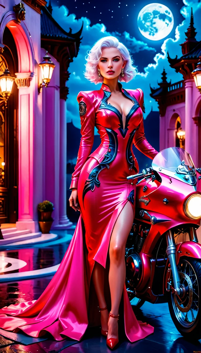 an intricate picture of an exquisite Frau standing near her legendary vintage (rosa motorrad: 1.3), eine glamouröse Schönheit, Frau, mittellanger Haarschnitt, (weißes Haar: 1.2), intensiver Blick, elegantes, aufwendiges Kleid, (rotes Kleid: 1.1), stehe neben ihrem epischen Vintage (rosa motorrad: 1.3), es ist Nacht Zeit, Mondlicht, ein paar Wolken, Im Hintergrund ist ein mit Fackeln beleuchteter Eingang zu einem Palast zu sehen, ral-gestickter Aufnäher, beste Details, beste Qualität, 16k, [Extrem detailliert], Meisterwerk, beste Qualität, (extrem detailliert), dynamischer Winkel, Ganzkörperaufnahme, Kinoreifer Hollywoodfilm