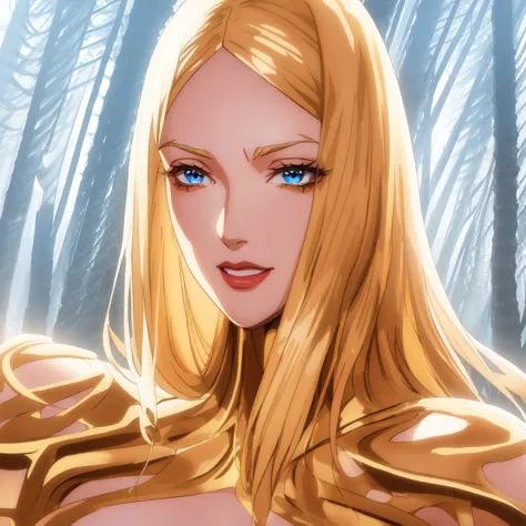 30 years old uma thurman with blonde hair and blue eyes in a forest, nude, wide shoulders,,flat chest,  extremely detailed artge...
