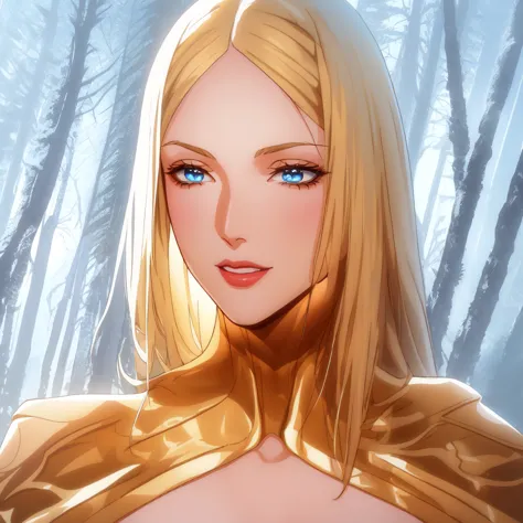 30 years old uma thurman with blonde hair and blue eyes in a forest, nude, wide shoulders,,flat chest,  extremely detailed artge...