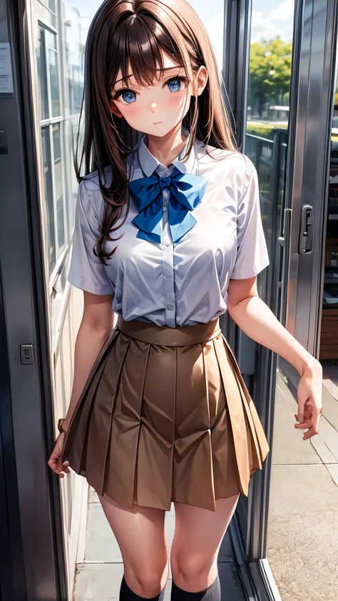 mini skirt,uniform,Brown hair,semi-long,blouse