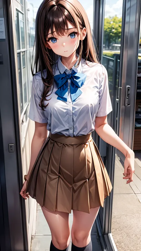 mini skirt,uniform,brown hair,semi-long,blouse