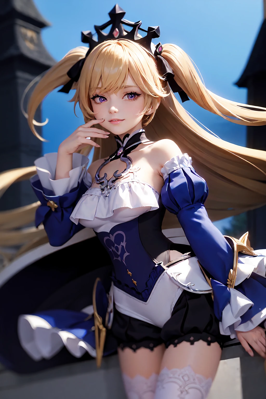 (Realistic painting style:1.1), masterpiece, best quality, absurdres, fischl (ein immernachtstraum) (genshin impact), red eyes, (white pupils:1.2), alternate eye color, fischl (genshin impact), detached collar, detached sleeves, official alternate costume, 1girl, solo, blonde hair, hair over one eye, tiara, dress, smile, long hair, thighhighs, bare shoulders, white thighhighs, long sleeves, looking at viewer, frills, ring, parted lips, purple dress, puffy sleeves, pantyhose, bangs, white pantyhose, single leg pantyhose, blush, juliet sleeves, breasts, hand up, ribbon, frilled sleeves, single thighhigh, jewelry night, outdoor, castle, moon, (large breasts:0.9)