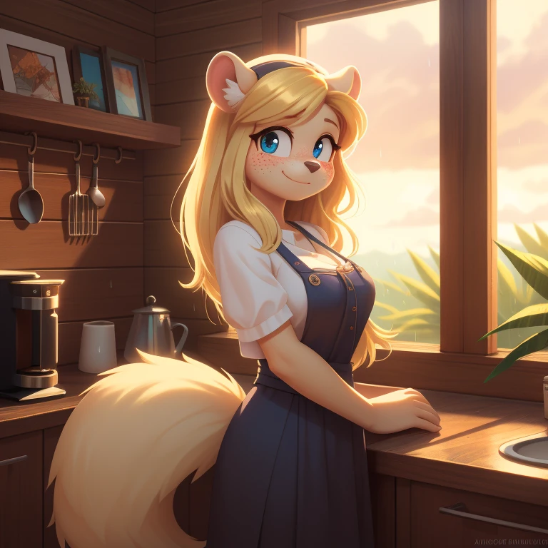 minerva, medium breast,
(detailed blonde hair:1.4), (detailed perfect eyes:1.2), white fur, (detailed fluffy fur:1.2), perfect hourglass body, mink snout, (long fluffy blonde tail:1.3), beautiful black eyes, relaxed pose, looking at viewer,
(freckles:1.2), light smile,
serving coffee,
(masterpiece:1.2), (best quality:1.2), (intricate:1.2), (highly detailed:1.2), (sharp:1.2), (8k:1.2), (highres:1.2),
cinematic summer tropical lighting, vivid colors,
kitchen, wooden cabin,
window, forest, rain,
aliceinwonderlandoutfit