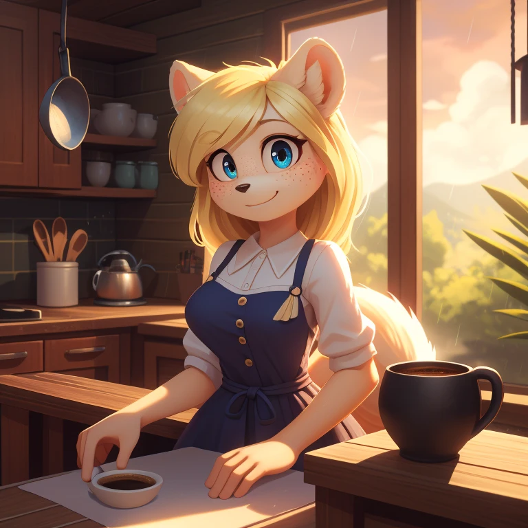 minerva, medium breast,
(detailed blonde hair:1.4), (detailed perfect eyes:1.2), white fur, (detailed fluffy fur:1.2), perfect hourglass body, mink snout, (long fluffy blonde tail:1.3), beautiful black eyes, relaxed pose, looking at viewer,
(freckles:1.2), light smile,
serving coffee,
(masterpiece:1.2), (best quality:1.2), (intricate:1.2), (highly detailed:1.2), (sharp:1.2), (8k:1.2), (highres:1.2),
cinematic summer tropical lighting, vivid colors,
kitchen, wooden cabin,
window, forest, rain,
aliceinwonderlandoutfit