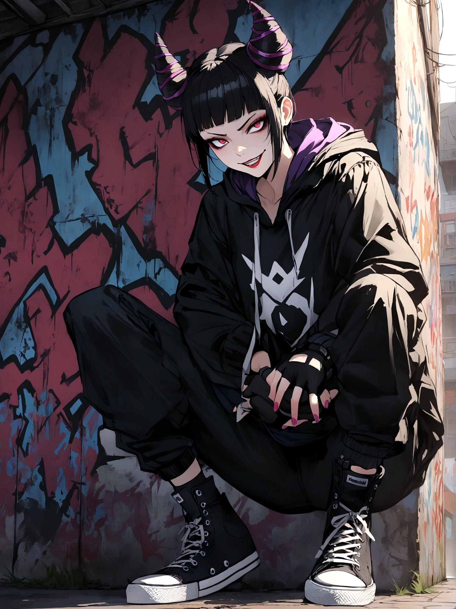 juri han, work of art, black hair, hair horns, black alan walker hoodie, black tights, black converse shoes, black fingerless gloves,evil smile, graffiti