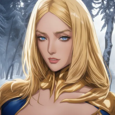 30 years old uma thurman with blonde hair and blue eyes in a forest, nude, wide shoulders,,flat chest,  extremely detailed artge...