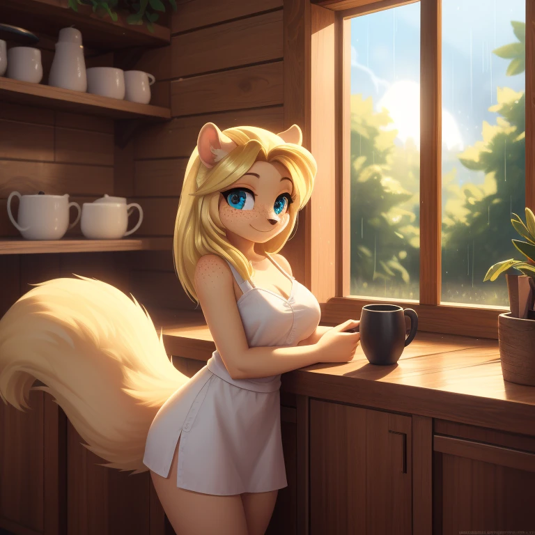minerva, medium breast,
(detailed blonde hair:1.4), (detailed perfect eyes:1.2), white fur, (detailed fluffy fur:1.2), perfect hourglass body, mink snout, (long fluffy blonde tail:1.3), beautiful black eyes, relaxed pose, looking at viewer,
(freckles:1.2), light smile,
serving coffee,
(masterpiece:1.2), (best quality:1.2), (intricate:1.2), (highly detailed:1.2), (sharp:1.2), (8k:1.2), (highres:1.2),
cinematic summer tropical lighting, vivid colors,
kitchen, wooden cabin,
window, forest, rain,
aliceinwonderlandoutfit