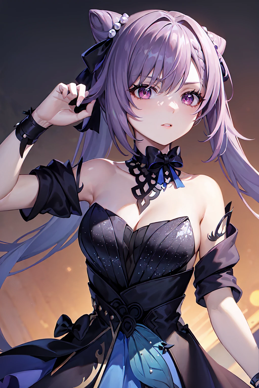 masterpiece, best quality,  absurdres, looking at viewer, solo, keqing (opulent splendor) (genshin impact), official alternate costume, 1girl, keqing (genshin impact), solo, purple hair, dress, long hair, looking at viewer, hair bun, twintails, breasts, bare shoulders, purple eyes, strapless, black dress, bangs, purple nails, strapless dress, cone hair bun, nail polish, ribbon, parted lips, double bun, upper body, diamond-shaped pupils, symbol-shaped pupils, cleavage, bow, black background, hair ribbon, diamond (shape), detached collar, hand up, hair ornament