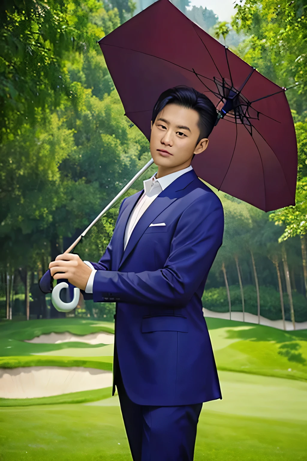 Masterpiece, (top quality), ultra high resolution, beautiful, visually stunning, elegant, stunning detail, award-winning art, G0S1, mystical, ((umbrella as golf club)), umbrella swinging, ((50 years old)), in suit, swinging moment, dynamic, sunny