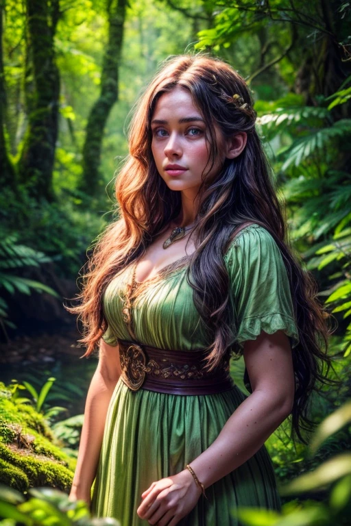 A beautiful young hobbit woman, porcelain skin, long flowing brown hair, large expressive eyes, delicate facial features, pointed ears, wearing an earthy green dress, standing in a lush forest clearing, surrounded by ferns and wildflowers, warm golden light filtering through the trees, (best quality,4k,8k,highres,masterpiece:1.2),ultra-detailed,(realistic,photorealistic,photo-realistic:1.37),fantasy,portrait,cinematic lighting,vibrant colors,intricate details