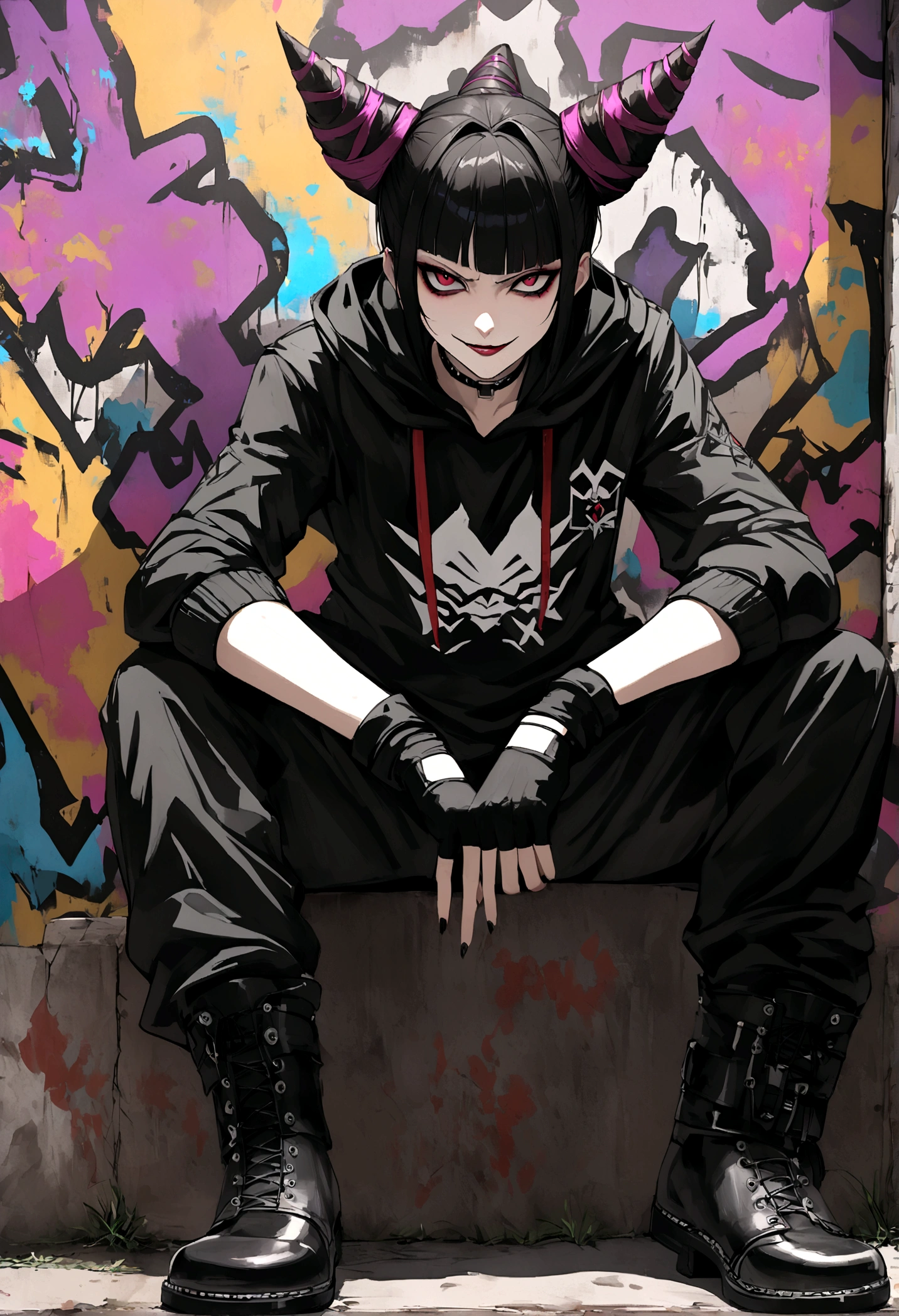 juri han, work of art, black hair, hair horns, black alan walker hoodie, black leggings, black punk boots, black fingerless gloves,evil smile, graffiti