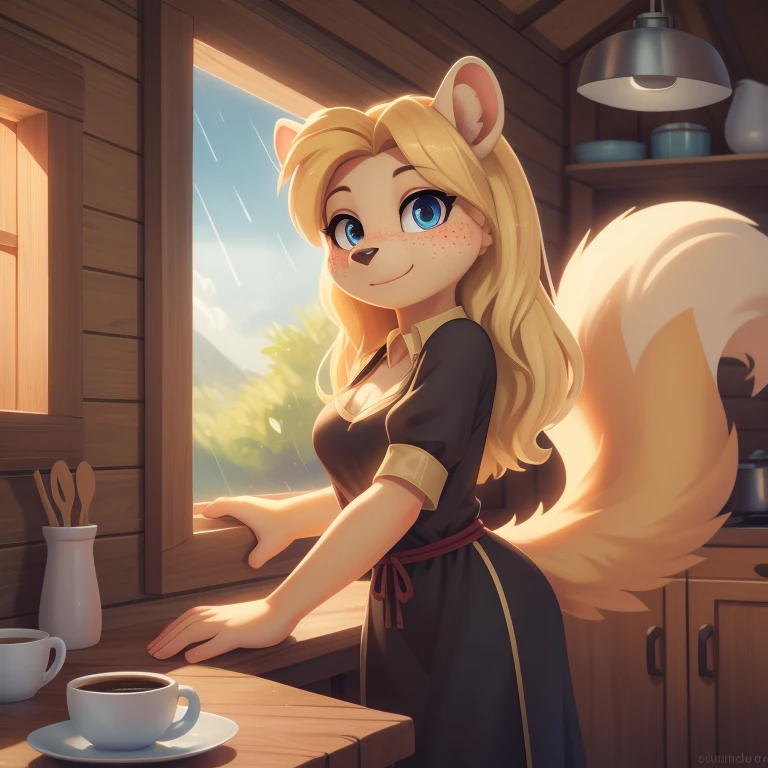 minerva, medium breast,
(detailed blonde hair:1.4), (detailed perfect eyes:1.2), white fur, (detailed fluffy fur:1.2), perfect hourglass body, mink snout, (long fluffy blonde tail:1.3), beautiful black eyes, relaxed pose, looking at viewer,
(freckles:1.2), light smile,
serving coffee,
(masterpiece:1.2), (best quality:1.2), (intricate:1.2), (highly detailed:1.2), (sharp:1.2), (8k:1.2), (highres:1.2),
cinematic summer tropical lighting, vivid colors,
kitchen, wooden cabin,
window, forest, rain,
aliceinwonderlandoutfit