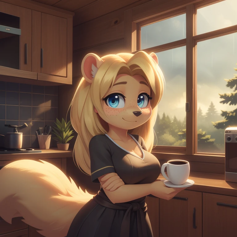 minerva, medium breast,
(detailed blonde hair:1.4), (detailed perfect eyes:1.2), white fur, (detailed fluffy fur:1.2), perfect hourglass body, mink snout, (long fluffy blonde tail:1.3), beautiful black eyes, relaxed pose, looking at viewer,
(freckles:1.2), light smile,
serving coffee,
(masterpiece:1.2), (best quality:1.2), (intricate:1.2), (highly detailed:1.2), (sharp:1.2), (8k:1.2), (highres:1.2),
cinematic summer tropical lighting, vivid colors,
kitchen, wooden cabin,
window, forest, rain,
aliceinwonderlandoutfit