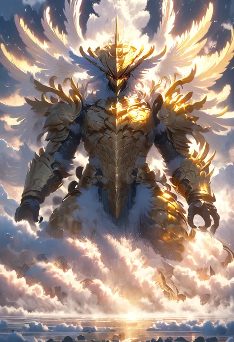 A god with golden armor. Big furious wings. Fly in the sky. 