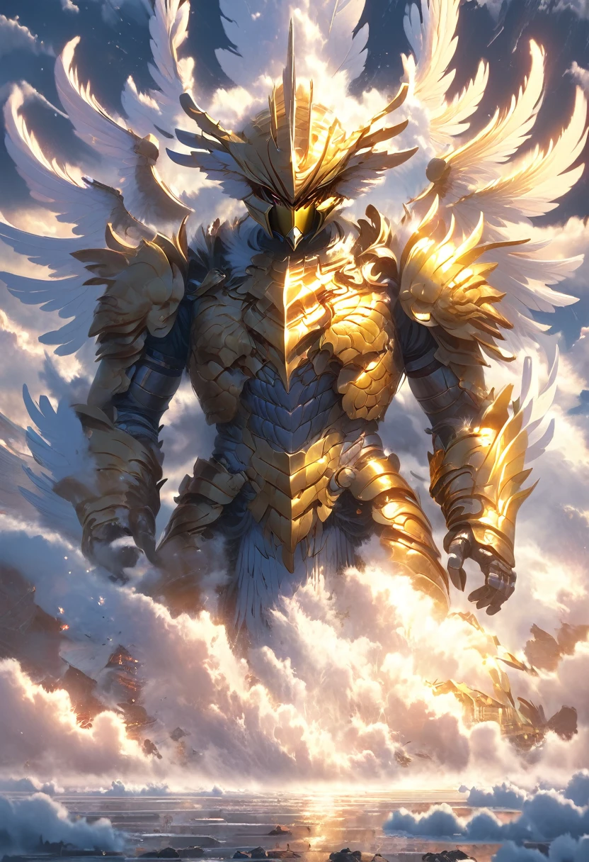 A god with golden armor. Big furious wings. Fly in the sky. 