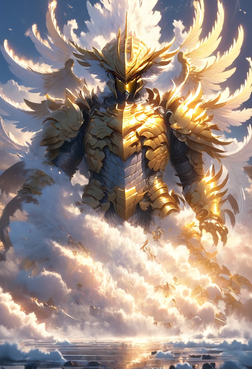 A god with golden armor. Big furious wings. Fly in the sky. 